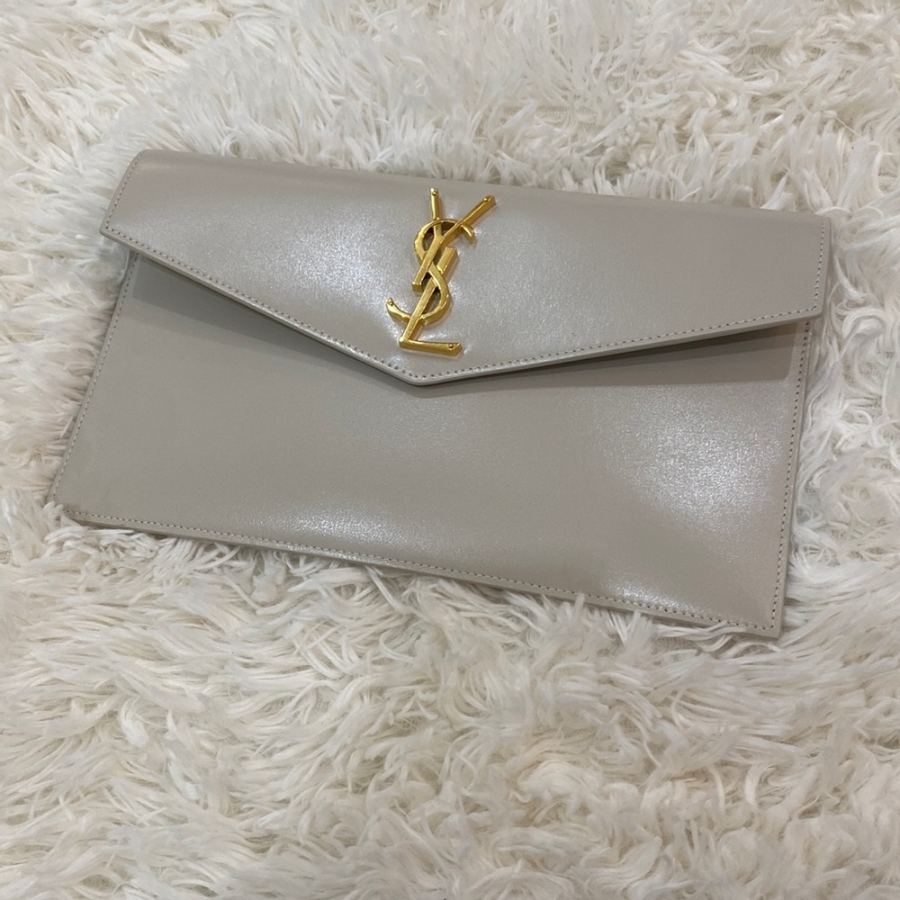 Saint Laurent white uptown clutch shiny